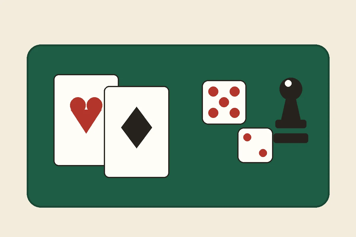 Illustration of game-night staples: two playing cards, a pair of dice, and a chess pawn on a green felt table